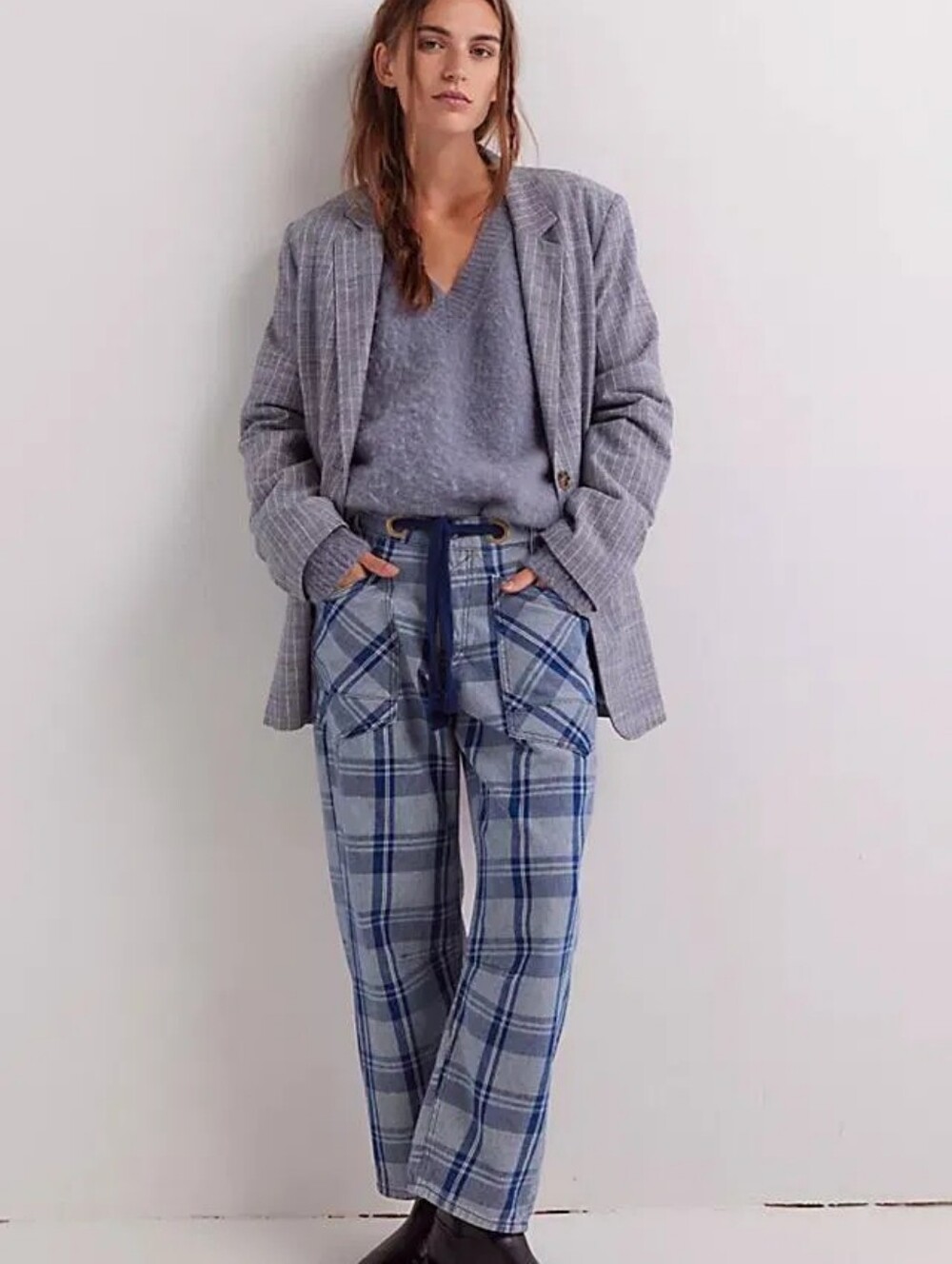 We The Free Moxie Plaid Pull-On Barrel Jeans by Free People.